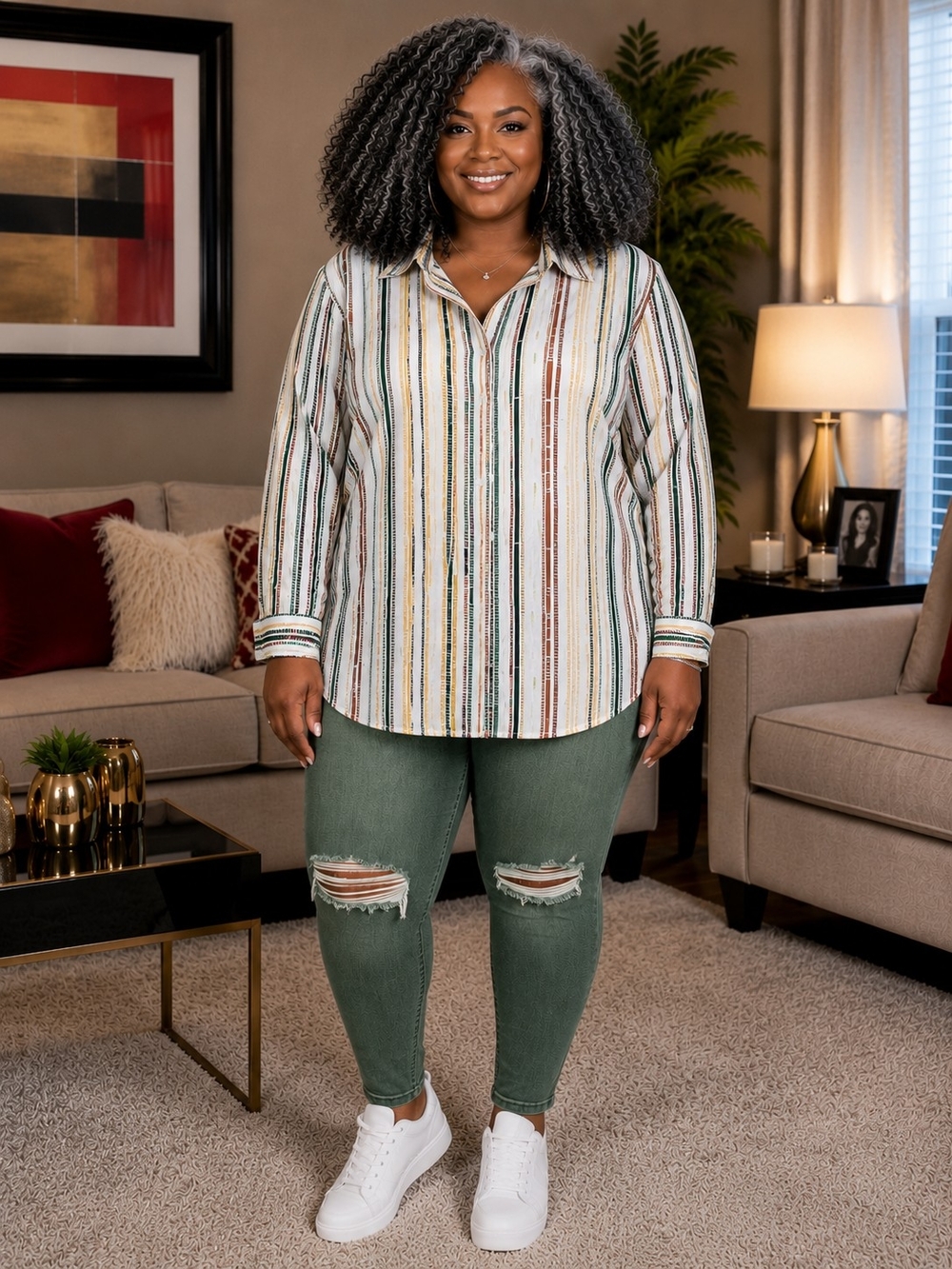 Striped Multicolor Button-Up Shirt - Gold with Green & Rust Stripes